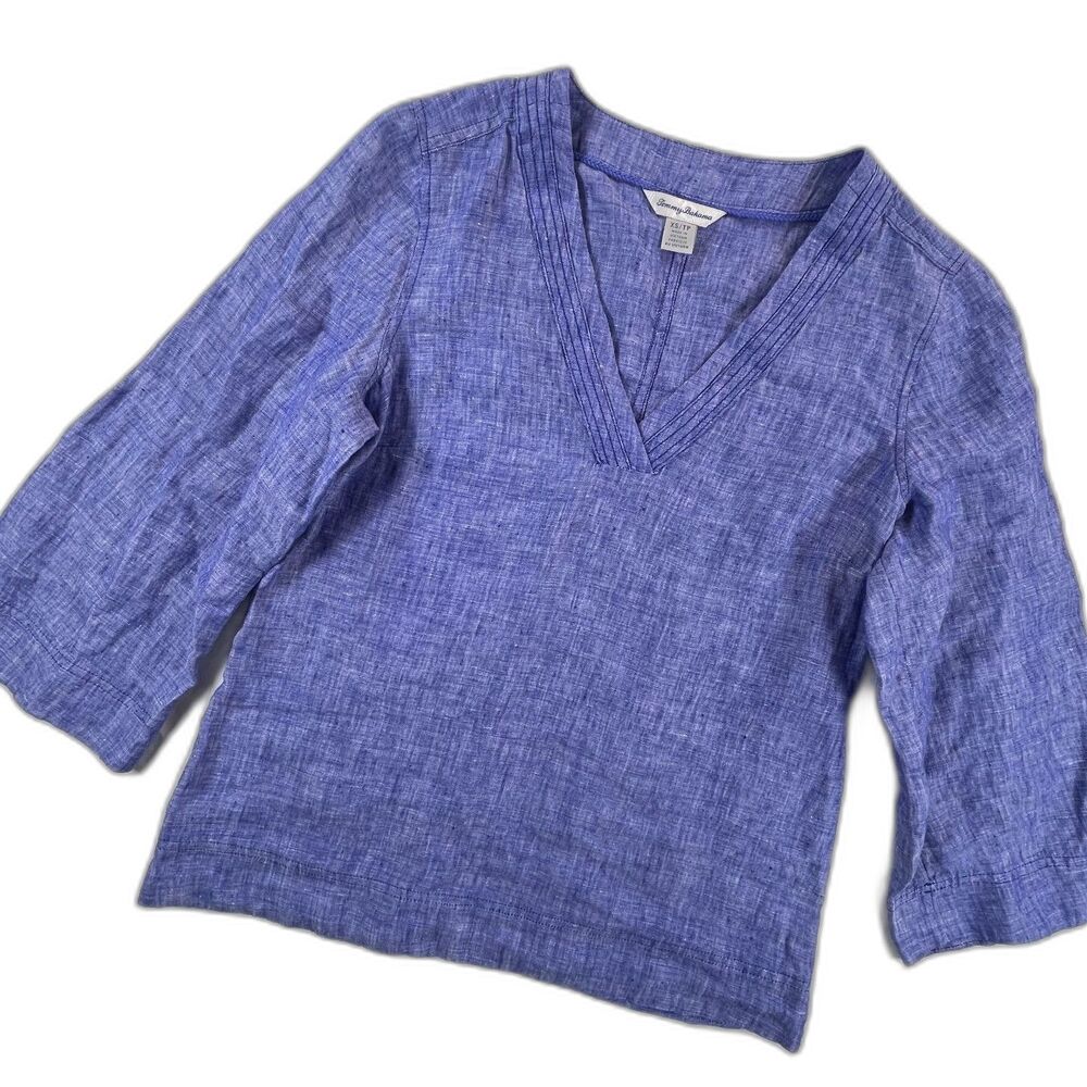 Tommy Bahama Coastalina Linen Pintuck V-Neck Popover Top XS Blue Vacation Tunic